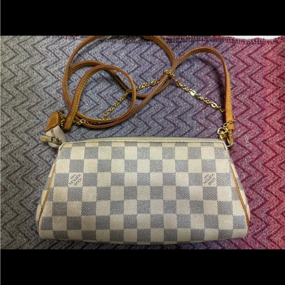 LOUIS VUITTON Damier Azur Canvas Eva crossbody Bag Cream/Grey checkered LV - Picture 9 of 11